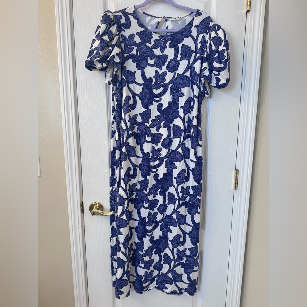Boden Puff Sleeve Jersey Midi Dress Blue Ribbon Paisley Whirl US 16–18R